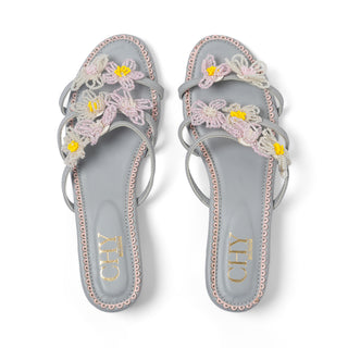 MIST GREY BLOSSOM BLOCK HEELS