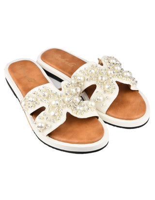 Jewel Embellished White Slides